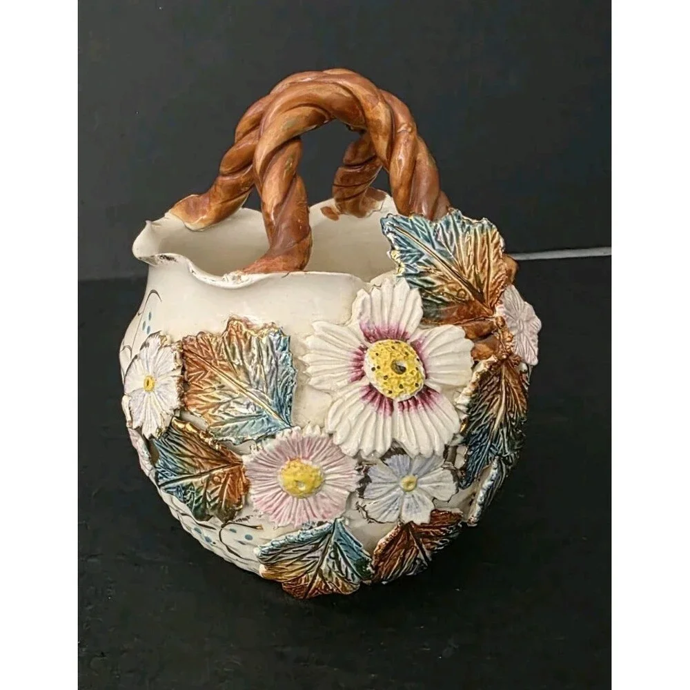 ​Vintage English Pottery Majolica Style Floral Basket Vase Twisted Handle